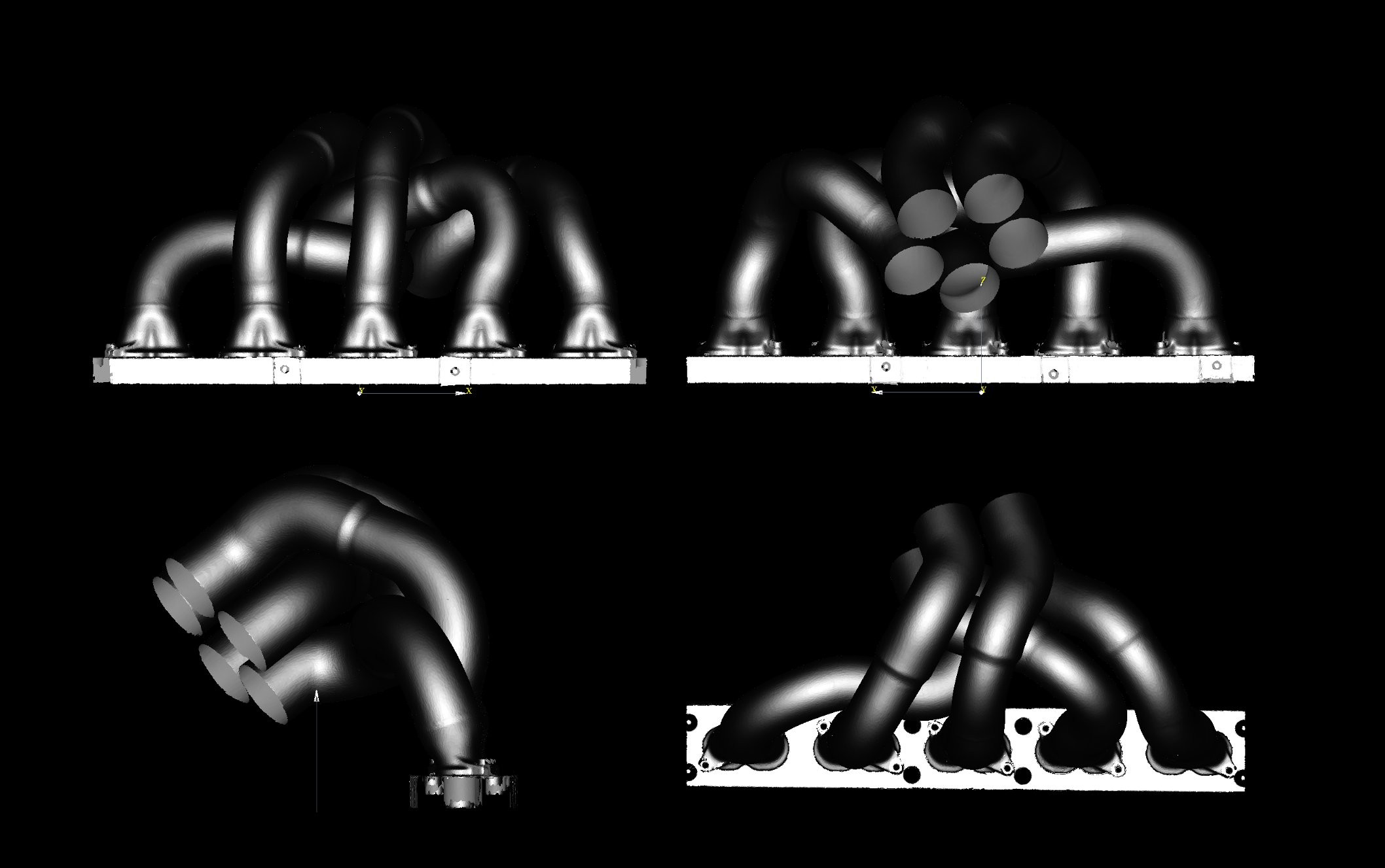 Formula One V10 exhaust assembly — four-view 3D solid model, Virtual Analytics Ltd